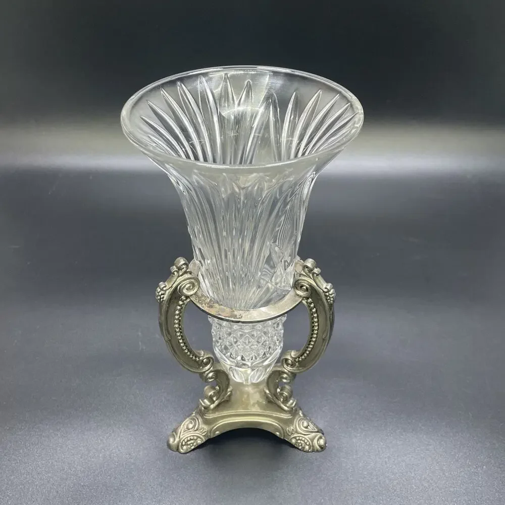 Vintage Godinger Shannon Crystal Vase 11” Cut Glass w/Silver Plated Ornate Stand